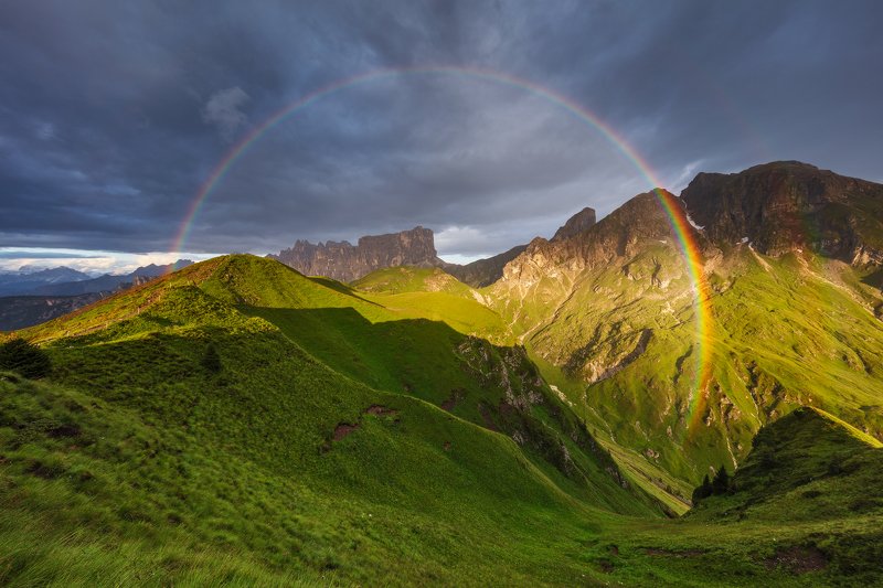 rainbow, rain, sun, mountains, summer, alps, dolomites, dolomiti, clouds, evening, sunset, nature, landscape, unesco Rainbowphoto preview