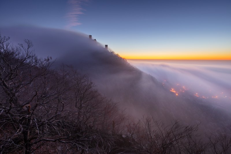 castle, czechia, czech republic, hill, trees, winter, fog, mist, clouds, sky, twilight, dawn, morning, light, mood, atmosphere, dark, landscape Castle in the Cloudsphoto preview
