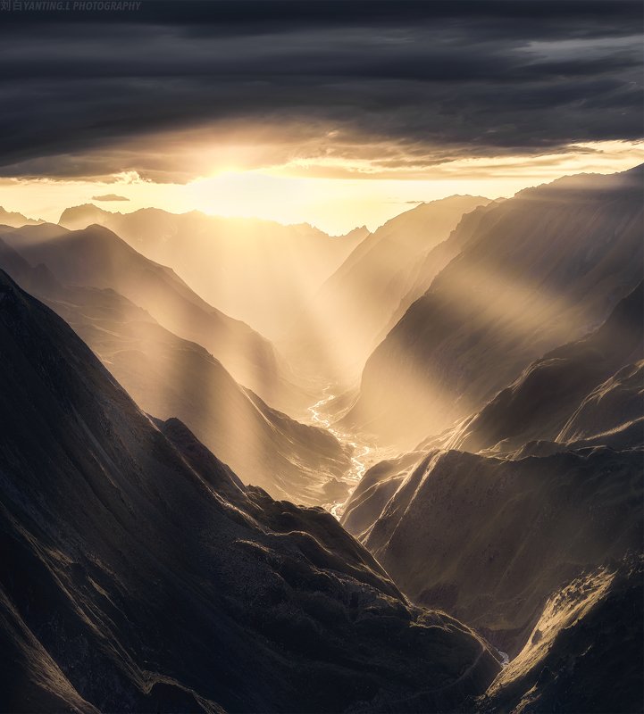 landscape, nature, China, travel, hiking, xinjiang, mountain, light, sunset, river, aerial Road to Lightphoto preview