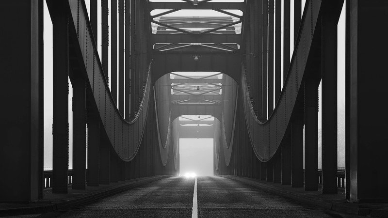 bridge, fog, mist, haze, car, lights, hamburg Elbbrückenphoto preview