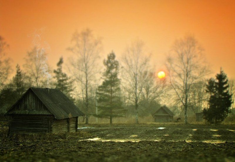 домик, дым, деревня, вечер, солнце Магическая деревушка фото превью