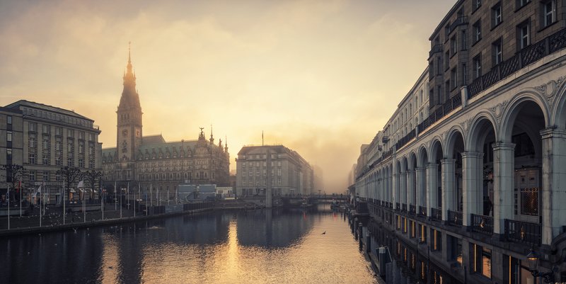 hamburg, alster, water, fog, sunset, arcaden, canal, city, downtown 01.01.2020!!! Happy New Year!!!photo preview