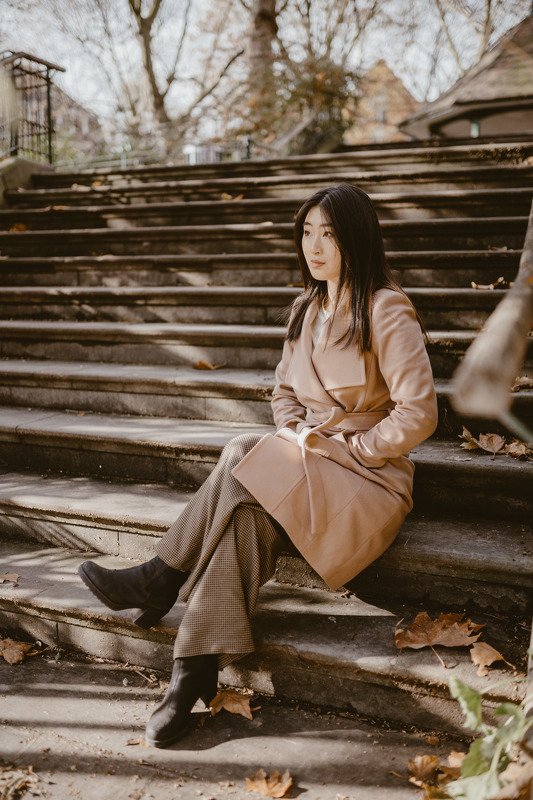 chinese, female, woman, girl, model, outdoor, portrait, pale skin, brunette, autumn, fashion, stairs, london, natural light portrait photo preview