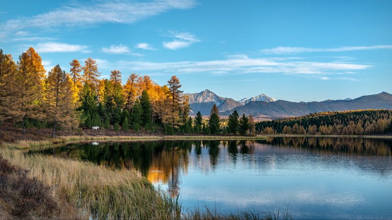 горы, алтай, горный алтай, озеро, озеро киделю, киделю, отражение, вода, зеркало, вечер, закакат, конь, лошадь, осень, золотая осень, панорама Вечер на Киделю.photo preview