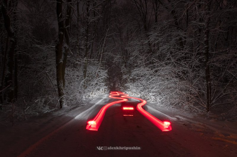 night, car, nighttrails, snow, winter, road, forest, landscape, nightscape Snow, trees and trailsphoto preview