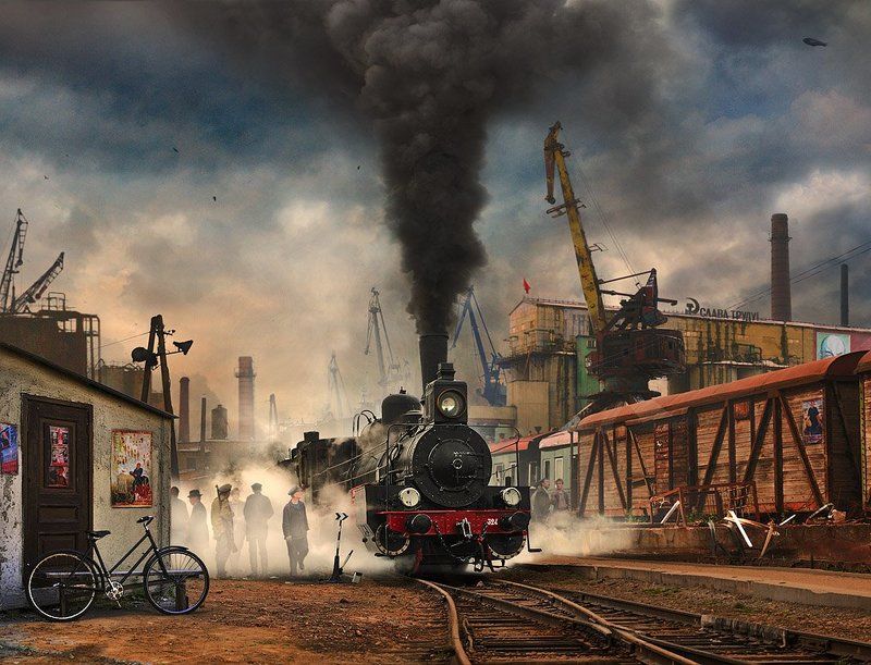 завод, рабочие, паровоз, овечка Будни (промышленность)photo preview