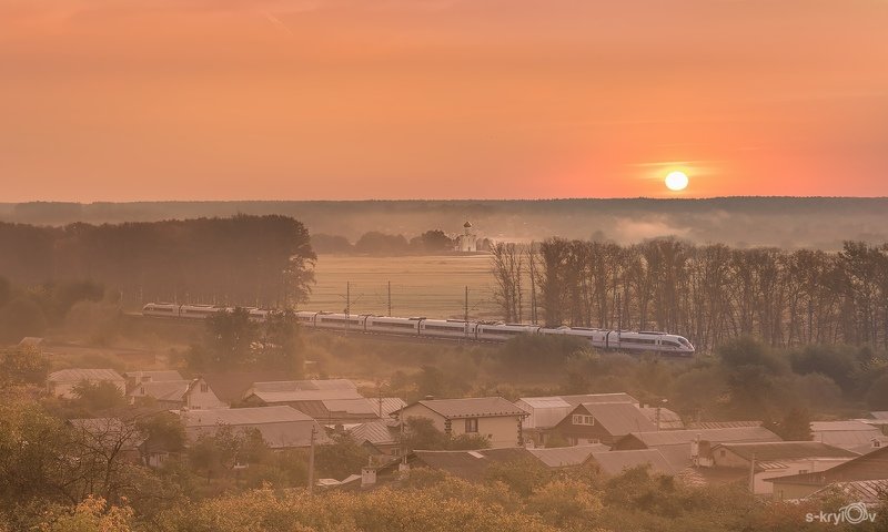 сапсан, ржд, рассвет, поезд, железная дорога, Владимир, Боголюбово, лето, туман,  Russian Railways, dawn, train, railway, Vladimir, Bogolyubovo, summer, fog ***photo preview
