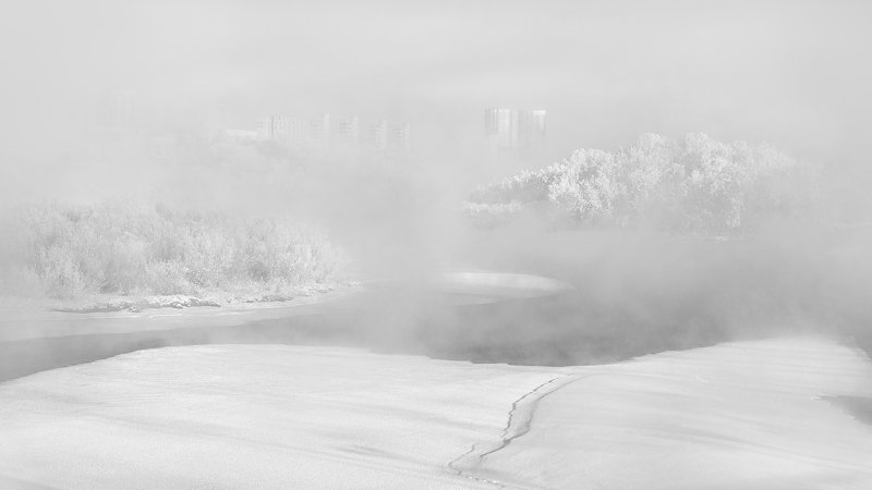 пейзаж, природа, чб, черно-белое, белый, светлый, зима, мороз, холод, лед, река, туман, иней, снег, город, красноярск, татышев, енисей, сибирь Январское оцепененьеphoto preview