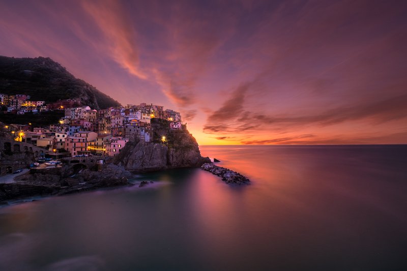 italy,sunrise,riomaggiore,long exposure,amazing color,town,rocks,seascape, first lightphoto preview