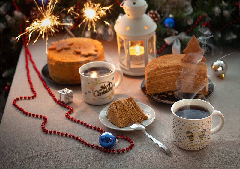 натюрморт, чай, торт, огонь, рождество, праздник, пар Рождественские сладости...photo preview