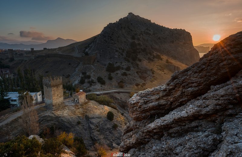 color, landscape, nature, outdoor, цвет, пейзаж, природа, rock, black, russia, россия, камни, крым, crimea, mountain, sudak, судак Fortress Mountain at sunrisephoto preview