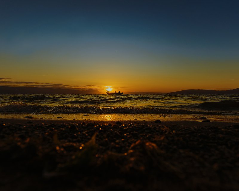 sunset, fisherman, dog, iznik, turkey, sun, lake, water, blue, yellow fisherman and his dogphoto preview