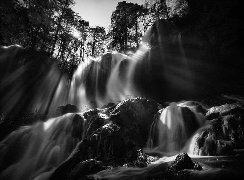 ray, light, sun, waterfall, jiuzhaigou, china Rays of light over Panda Lake waterfallphoto preview