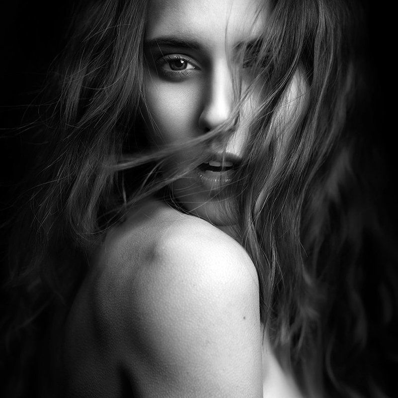 portrait, woman, model, studio, hair, wind, cold photo preview