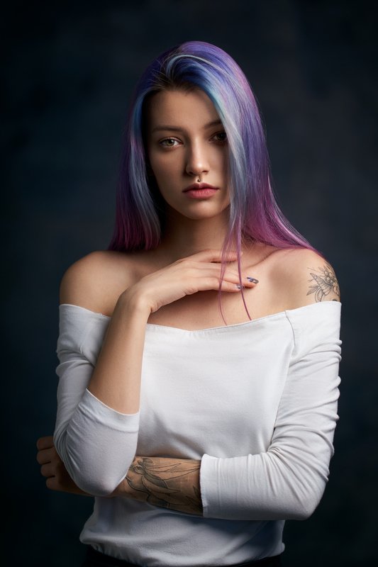 portrait, girl, lowkey, black, beautiful, pretty, eyes, lips, purple hair, blue hair Дашаphoto preview