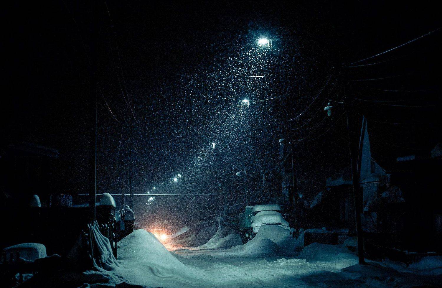 вечер, улица, фонарь, снегопад, дорога, Евгений Толкачёв