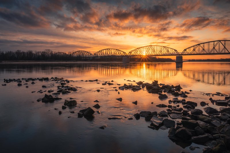 vistula, river, sunrise, stones, reflection, bridge, clouds, morning, landscape, nature, water,  Sunrise over the riverphoto preview
