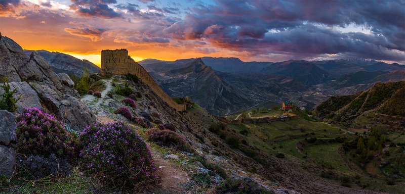 природа, пейзаж, горы, кавказ, природа россии, дикая природа, закат, свет, облака, вечер, весна, панорама *photo preview