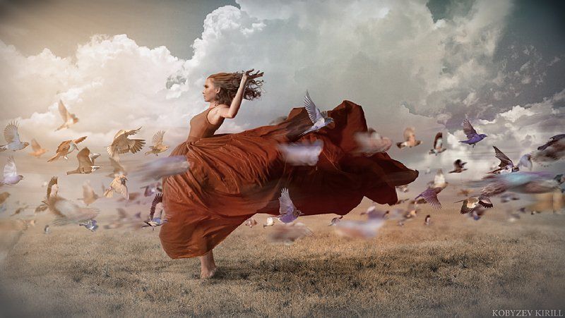 птицы, платье, девушка, коллаж, манипуляции, движение photo preview
