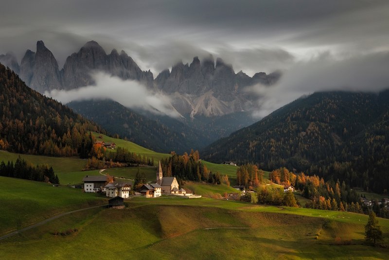 mountains, dolomites, italy, sunset, landscape, nature, travel, autumn, peak, clouds, church, Santa Maddalenaphoto preview