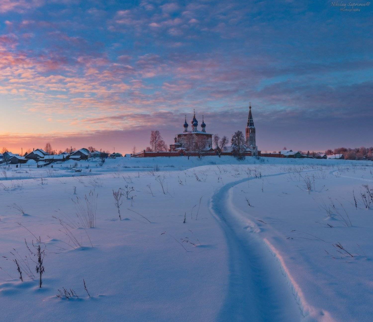 "На снежном поле заливного луга у Дунилово". Автор: Николай Сапронов дунилово, теза, ивановская область, горицы, храмы, зимний пейзаж, шуйский район, Николай Сапронов