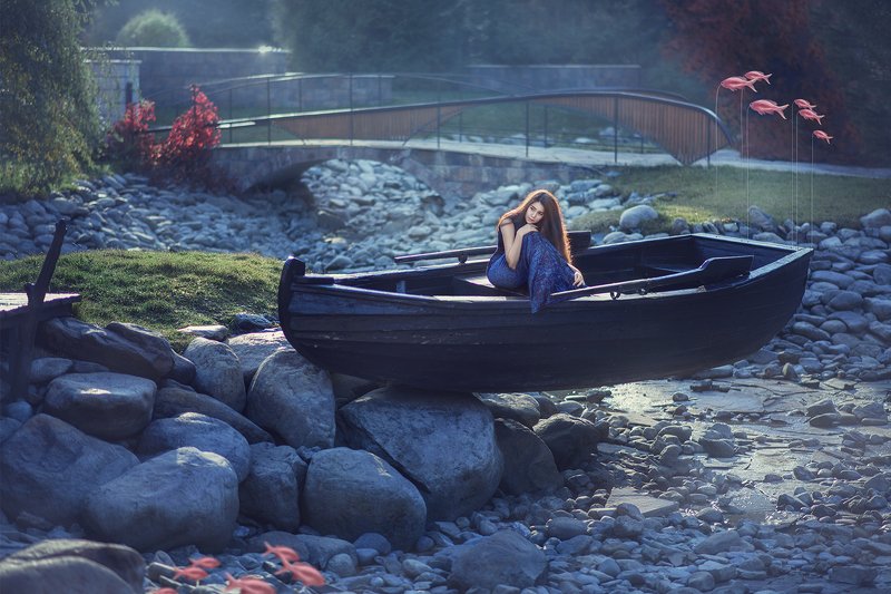 fine art, mermaid, woman, fantasy, boat, sun light, blue, портрет, русалка, девушка, лодка, камни, солнечное утро, фантазия Mermaidphoto preview