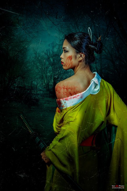 girl, forest, woods, blood, dark, katana, kimono Nelumbo Nuciferaphoto preview