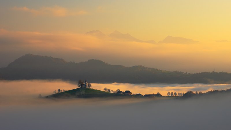 morning, sunrise, slovenia, mist, fog, church, st. thomas, hill, mountain, mood, light, Morning...photo preview
