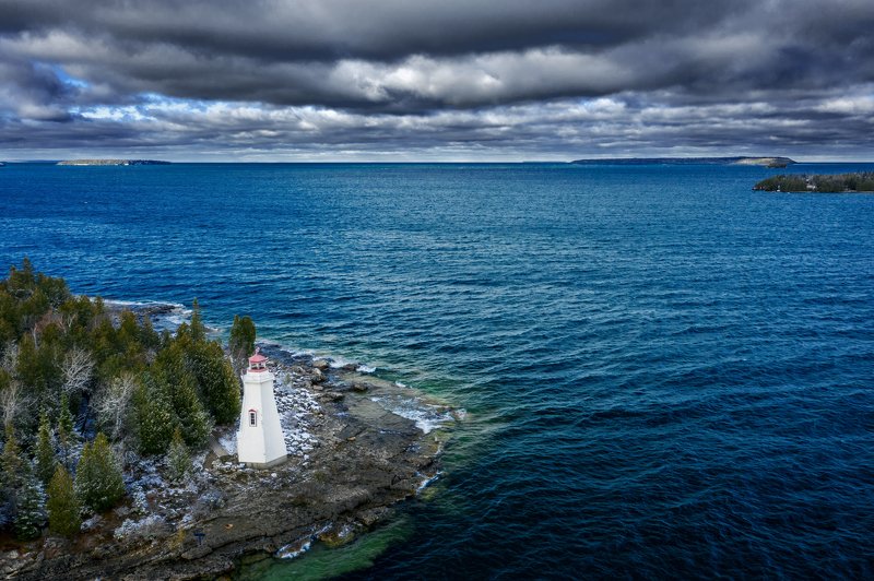 canada ,ontario ,tobermory ,lighthouse ,bigtub ,georgianbay ,lakehuron ,lake ,autumn ,windy ,clearwater ,storm ,clouds ,landscape ,aerial ,brucepeninsula ,beacon ,coast ,guarding ,wooden ,rocky ,waves Beacon out northphoto preview