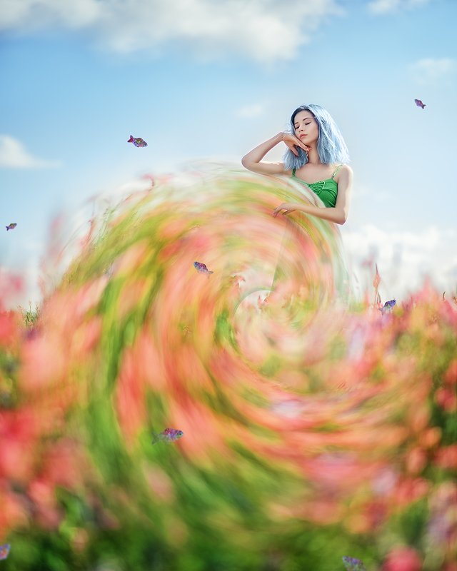 портрет, файнарт, синие волосы, розовые цветы, весна, portrait, springtime, fineart, blue hair, fantasy, pink flowers photo preview