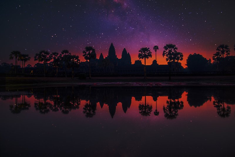 cambodia, siem reap, dusk, log exposure, temple, night, stars, reflection, silhouette Восточные сказкиphoto preview