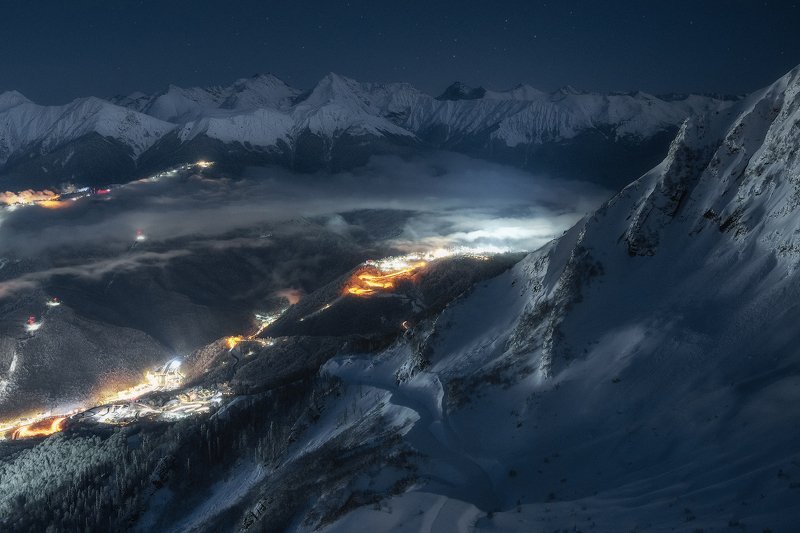 ночь, зима, горы, пейзаж, красная поляна, сочи, кавказ Ночные городаphoto preview