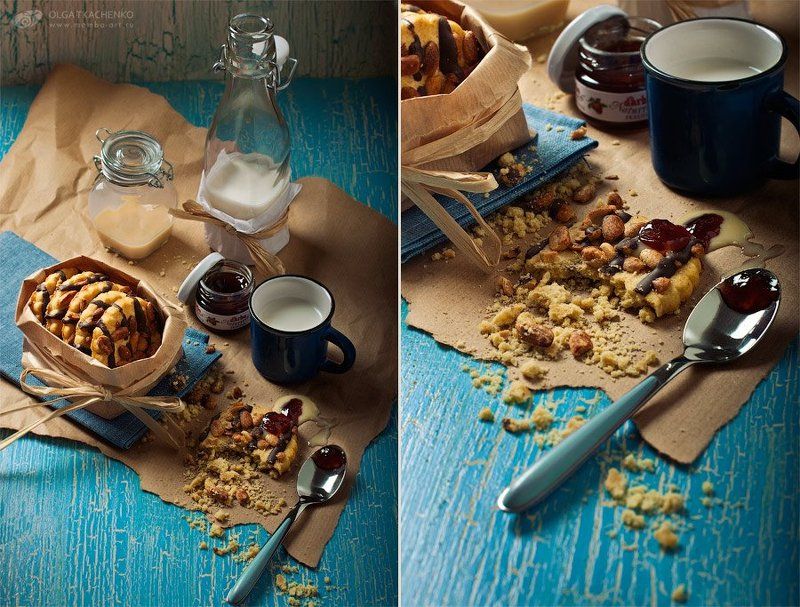 диптих, триптих, фуд-фото, печенье, сгущенка, варенье, досточка, дерево, банки, стекло, бумага, ложка, шоколад, арахис, кружка, бутылка, кракелюр Cookie lovephoto preview