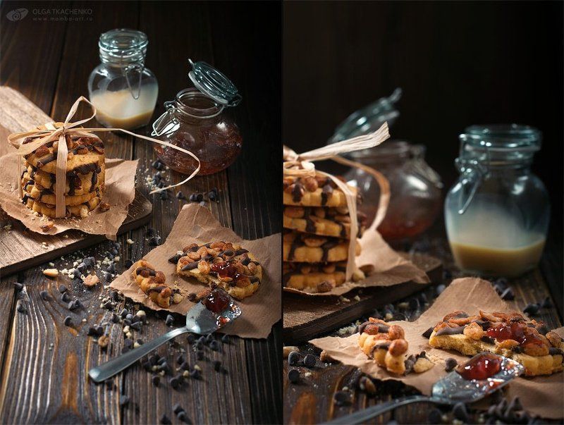 диптих, триптих, фуд-фото, печенье, сгущенка, варенье, досточка, дерево, банки, стекло, бумага, ложка, шоколад, арахис Peanut cookiesphoto preview