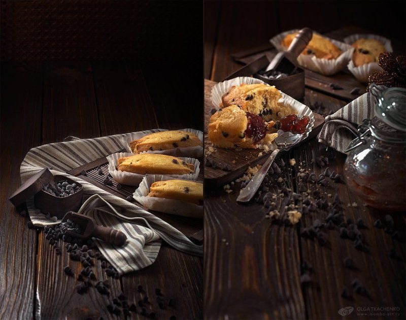 board,  bottle,  chocolate drops,  cupcakes,  jam,  paper,  scoop,  spoon,  towel Cupcakes with chocolate dropsphoto preview