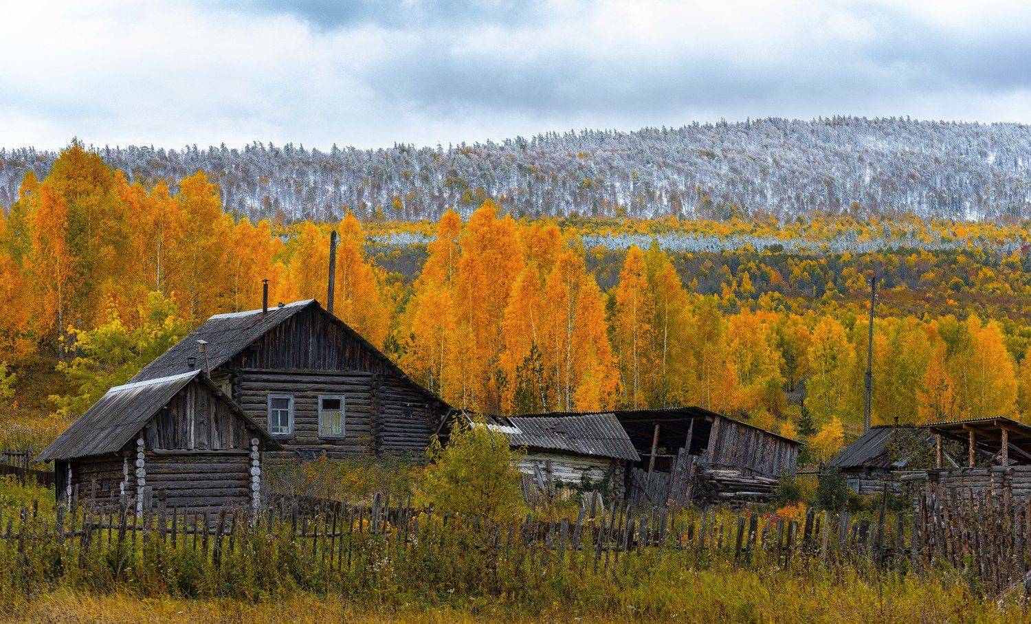 Осень на горе Большой Кукшик. Автор: Илья Логачёв Дома, деревня, осень, бревна, гора, снег, иней, Кукшик, Челябинская область, Илья Логачёв