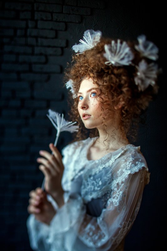 dandelion, giant, giant, fairy tale, fantasy, flower, huge, air, air, flight, girl, young, youth, lightness, white, model, transparent, look, eyes, elf, unreal, beautiful, portrait, color, lightness, spring, summer, flower garden, angel dandelionphoto preview