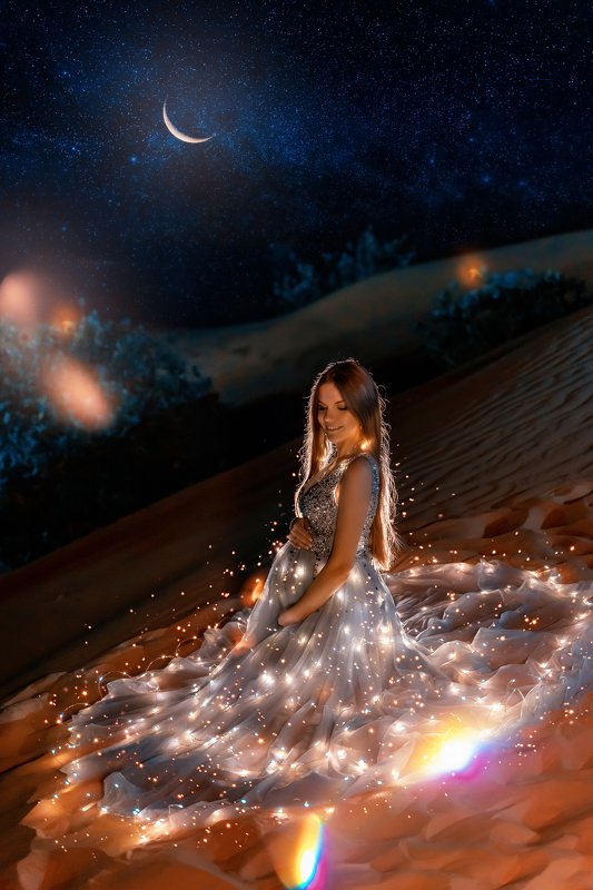 беременность, пустыня, ночная съемка Сияние фото превью