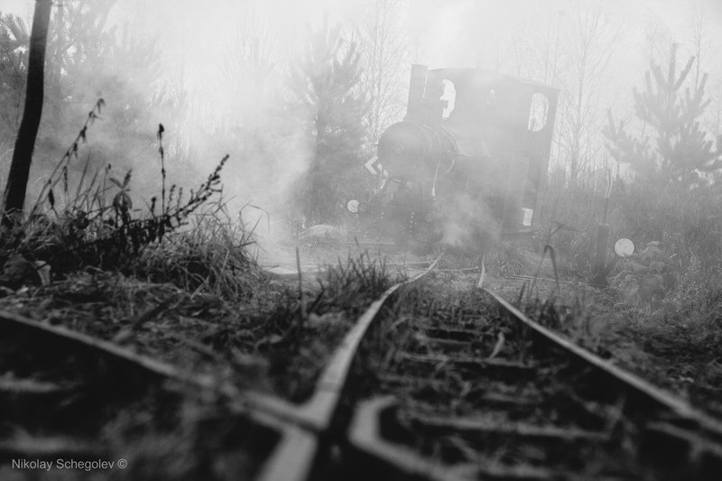 паровоз, туман, чб, самоделка Самодельный паровоз в туманеphoto preview