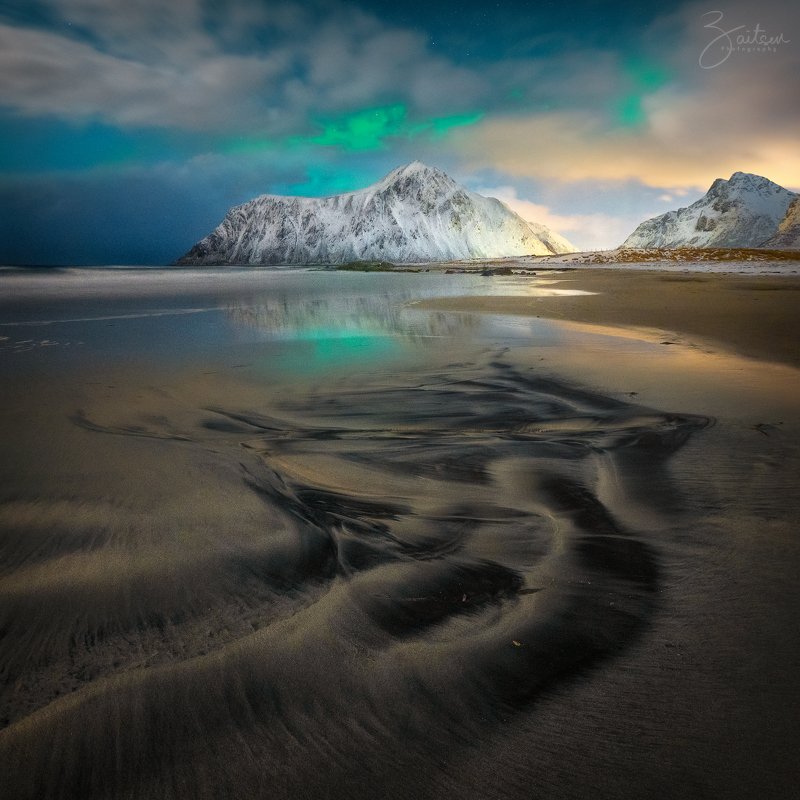 lofoten, islands, norway, landscape, mountains, northern lights, лофотены, острова, норвегия, пейзаж, пляж, февраль, зима, природа, север, северное сияние, ночь, гора, море Ночь на пляже Skagsandenphoto preview