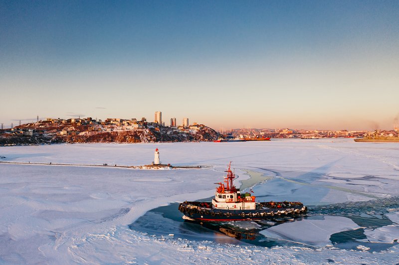 аэросъемка, владивосток, приморье, маяк, осень, закат, море, лед, приморье, пейзаж, буксир, город Провожая закат!photo preview