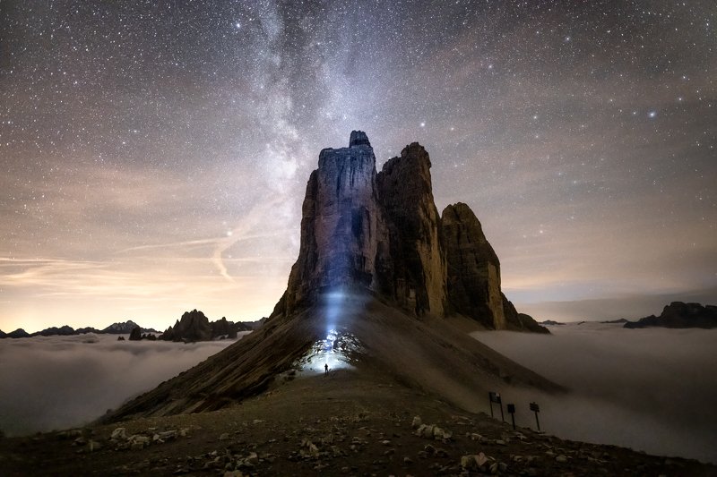 Night, Milky Way, Tre Cime, Italy, Dolomite, mountains, landscape Night Wandererphoto preview