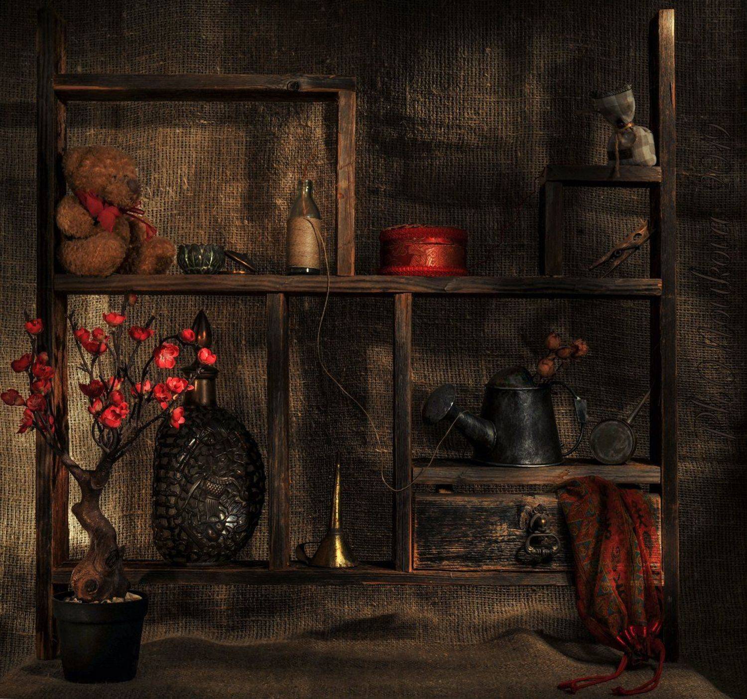 ***. Автор: Ольга Новикова полка,лейка,мешочек,графин,Цветок,воронка,прищепка,верёвка,масленка, Ольга Новикова