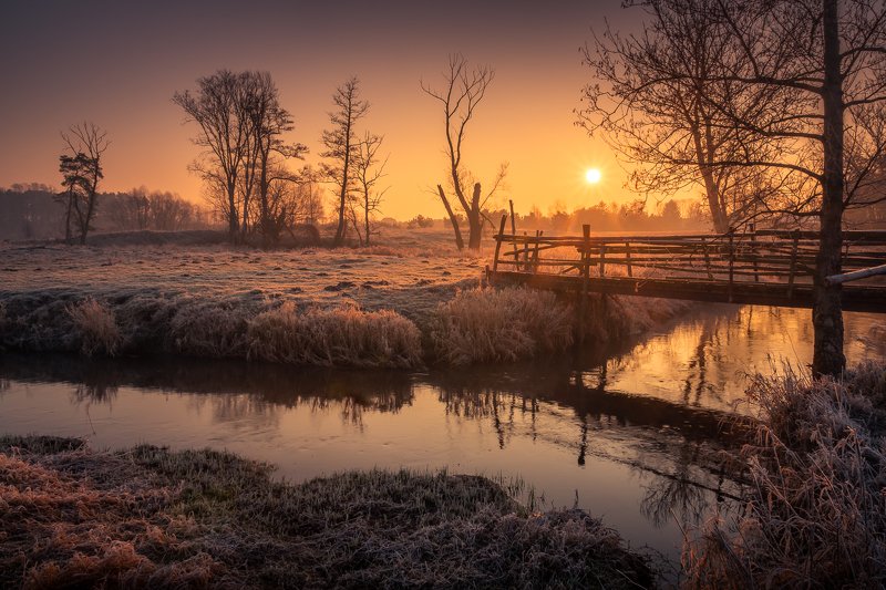 jeziorka, river, bridge, wooden, morning, water, sunrise Morning on the Jeziorka riverphoto preview