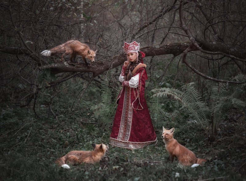 Лис, рыжий лис, царевна, красный, лес, дремучий лес, красный, русский мир, животные, сказка, волшебство, русская сказка Царевна и её 3 хитрых лисаphoto preview