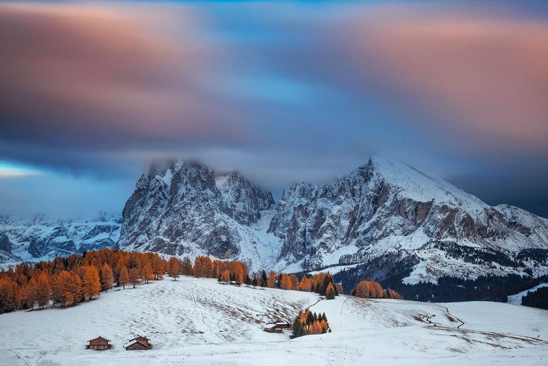 mountains, dolomites, italy, sunset, landscape, nature, travel, autumn, peak, clouds Fusion Between Seasonsphoto preview