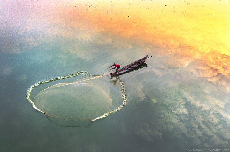 утро, рыбак, рыбалка, озеро, мандалай, сеть Рыбалкаphoto preview