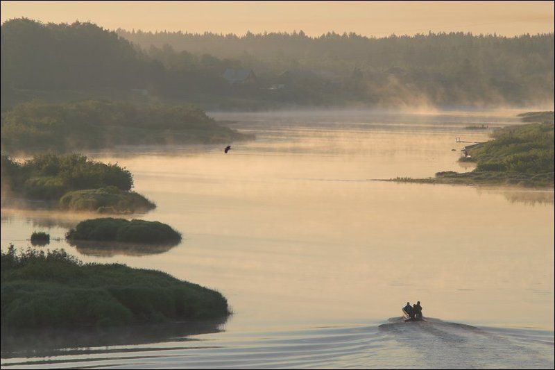 Рассветная картинка с лодкой в Мологе и вороной над нейphoto preview
