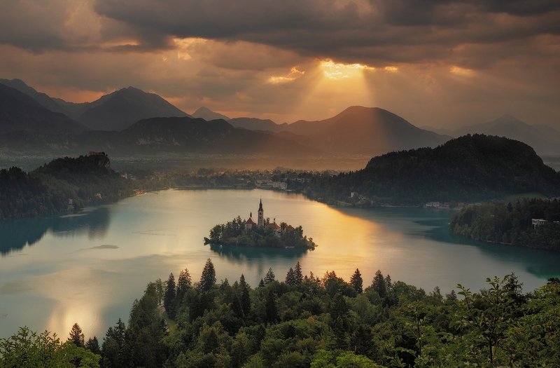 mountains, bled, slovenia, sunrise, landscape, nature, travel, summer, peak, clouds Golden Timesphoto preview