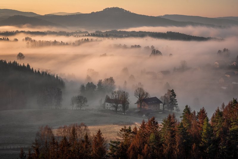 sunrise, fog, landscape, nature, mist, light, village, forest, trees First spring sunrisephoto preview